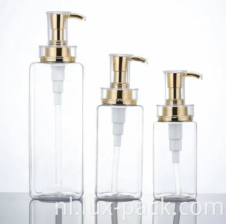 Factory Luxury Gold Cosmetic Pump 500 ml Aangepaste lege vierkante Pet Plastic Shampoo -fles
